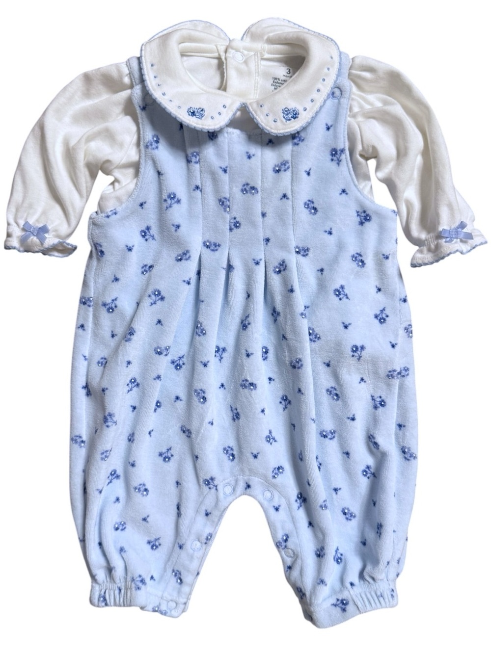 Carter’s Baby Girl 2-Piece Outfit Set Blue Floral Velour Romper & White Top 3M